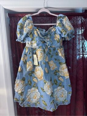 Light Blue Floral Puff Sleeve Mini Dress